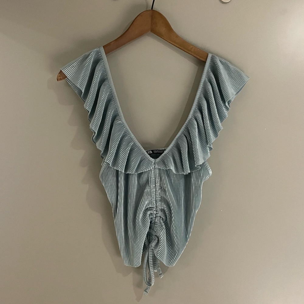 Zara Shimmery Ocean Blue/Turquoise Pleated, Ruffled Sleeved Scrunch Crop Top | S